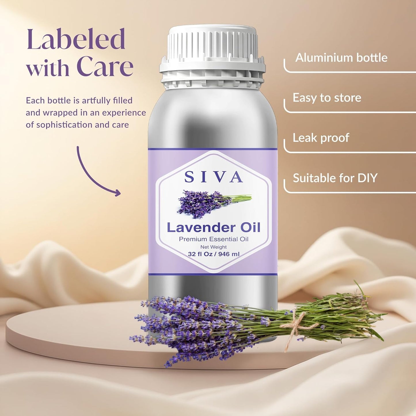 Siva Lavender Essential Oil – 32 Fl Oz – 100% Natural Lavender Oil - for Diffuser, Hair Care, Face, Skin Care, Aromatherapy, Scalp and Body Massage, Soap and Candle Making