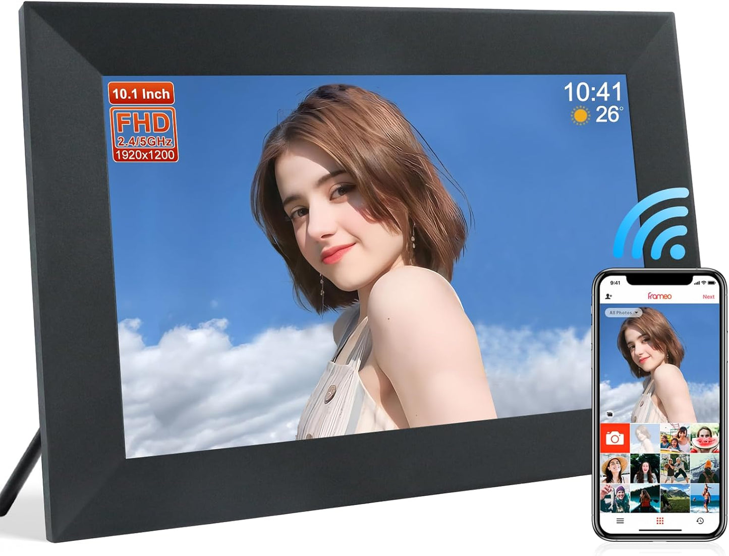 Frameo 10.1 Inch Smart WiFi Digital Photo Frame,Digital Picture Frame with 16GB Storage & SD Slot, Electronic Picture Frame IPS Touch Screen with Auto-Rotate, Frameo Digital Frame WiFi