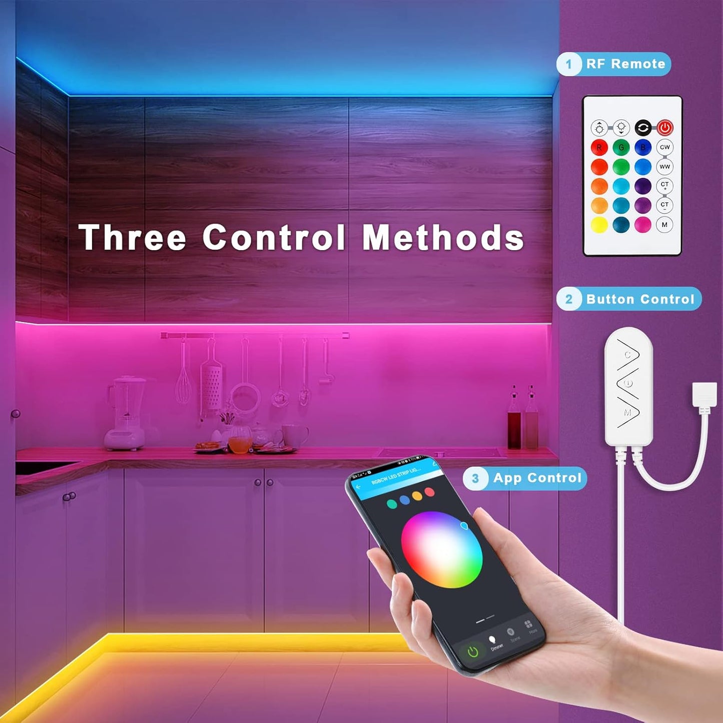 RGBWW Bluetooth LED Strip Lights, 16.4FT Tunable White 3000K to 6500K+RGB Led Light Strips, Music Sync Color Changing Indoor LED Rope Lights with App and Remote for Cabinet, Bedroom, TV