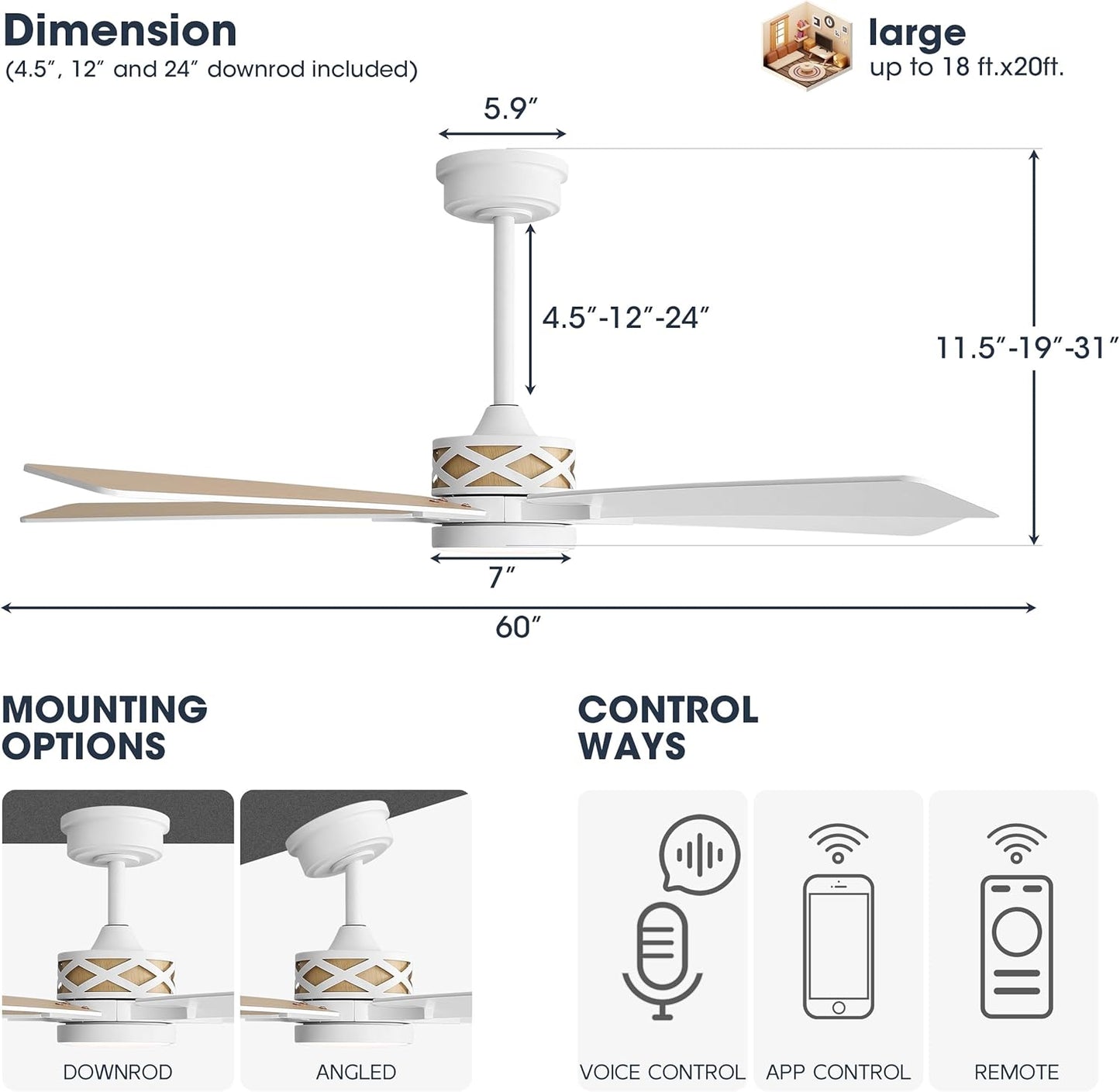 WINGBO 60" Smart Ceiling Fan with Lights, White/Oak Blades, 6 Speeds Reversible DC Motor, Works with Alexa and Google Assistant, 3CCT Dimmable LED Ceiling Fan for Bedroom Living Room, White Finish
