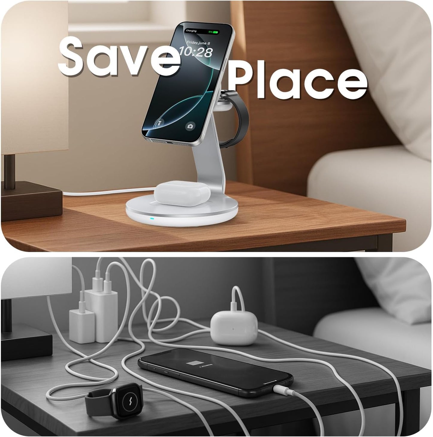 3-in-1 Charging Station Compatible with MagSafe for iPhone 17/16/15/14/13/12, Wireless Charger Stand for Apple Watch Series 11–2/SE/Ultra for AirPods Pro/4/3/2 Fast Charger with 18W Adapter