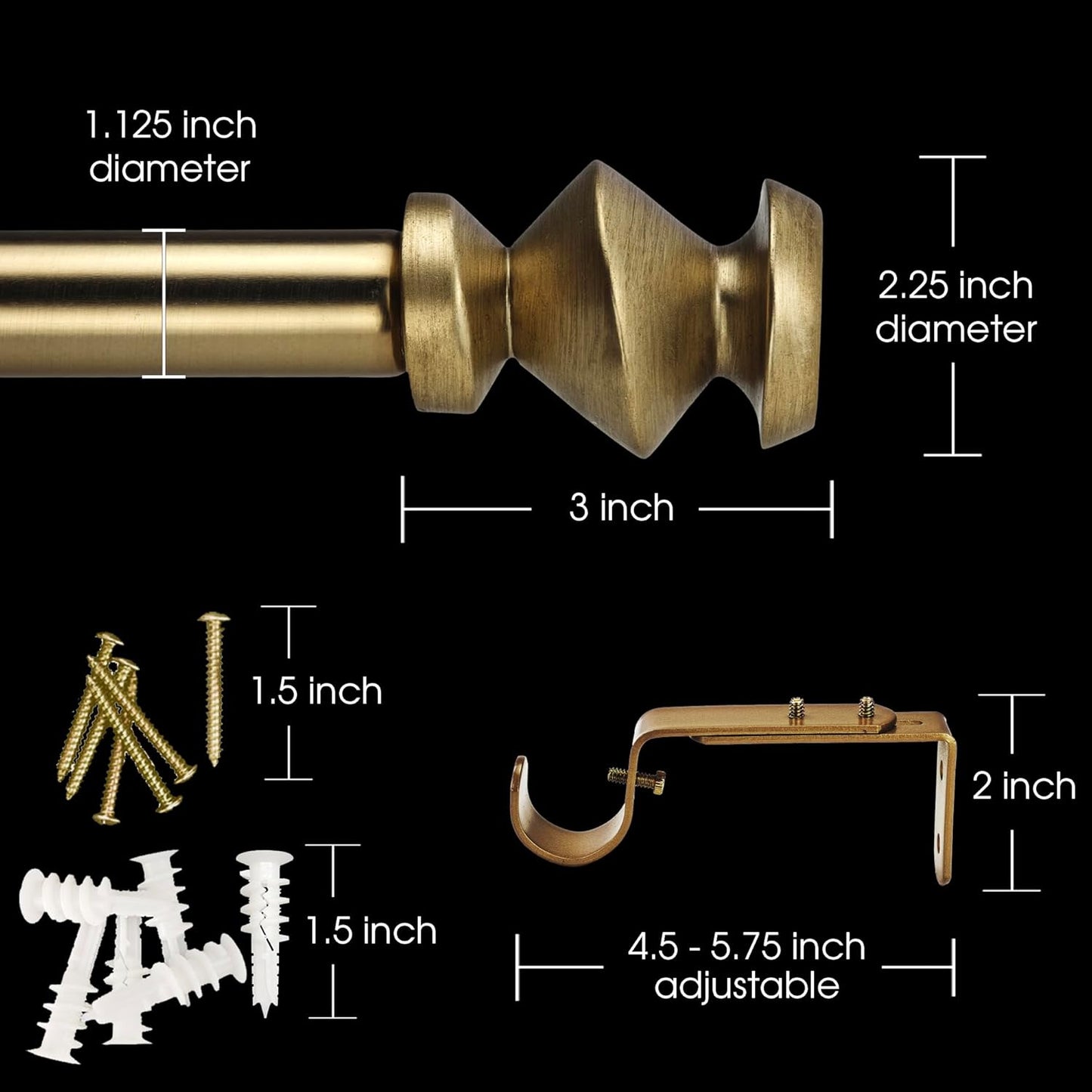 1-1/8 Inch Diameter Warm Gold Curtain Rods with Modern Geometric Finials, 72-144'' Telescoping Single Curtain Rods for window width 68-140 inch, 1 pack