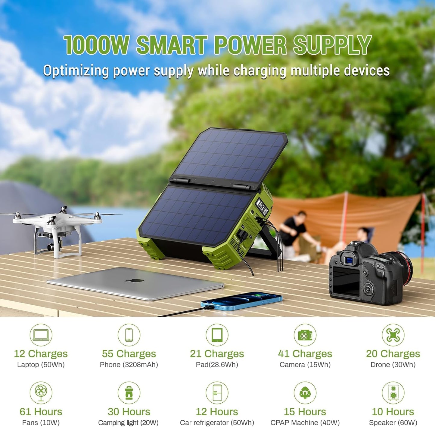 BROWEY Portable Power Station, 1000W (Peak 2000W) Solar Generator with Built-in Solar Panel, 614WH LiFePO4 Battery Pack, AC/DC/USB/PD Outputs, for Outdoor Camping, RV Travel, Emergency Preparedness