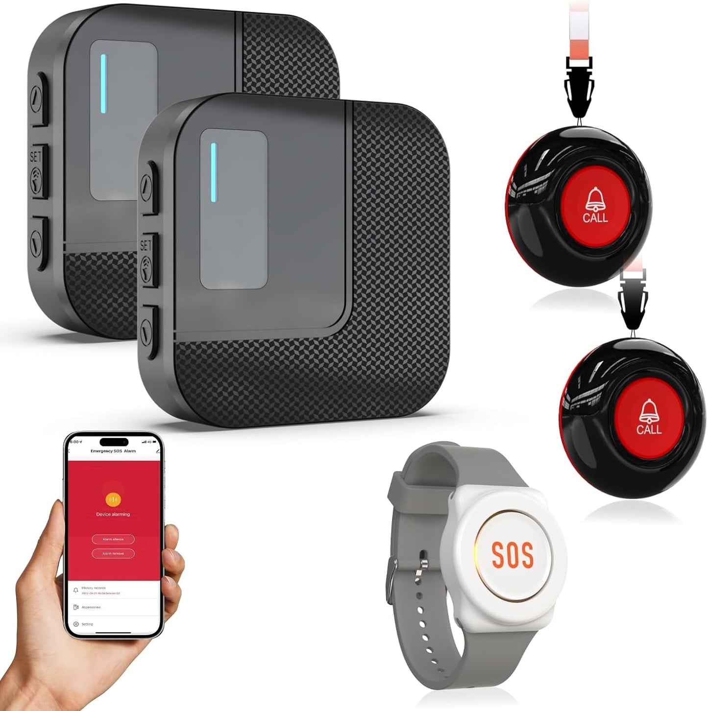 SanJie Wi-Fi Wireless Caregiver Pager Alert System - Emergency Button for Elderly/Seniors/Disabled/Patients, 2 Call Button + 1 Watch + 2 Receiver, 2.4GHz Wi-Fi Only