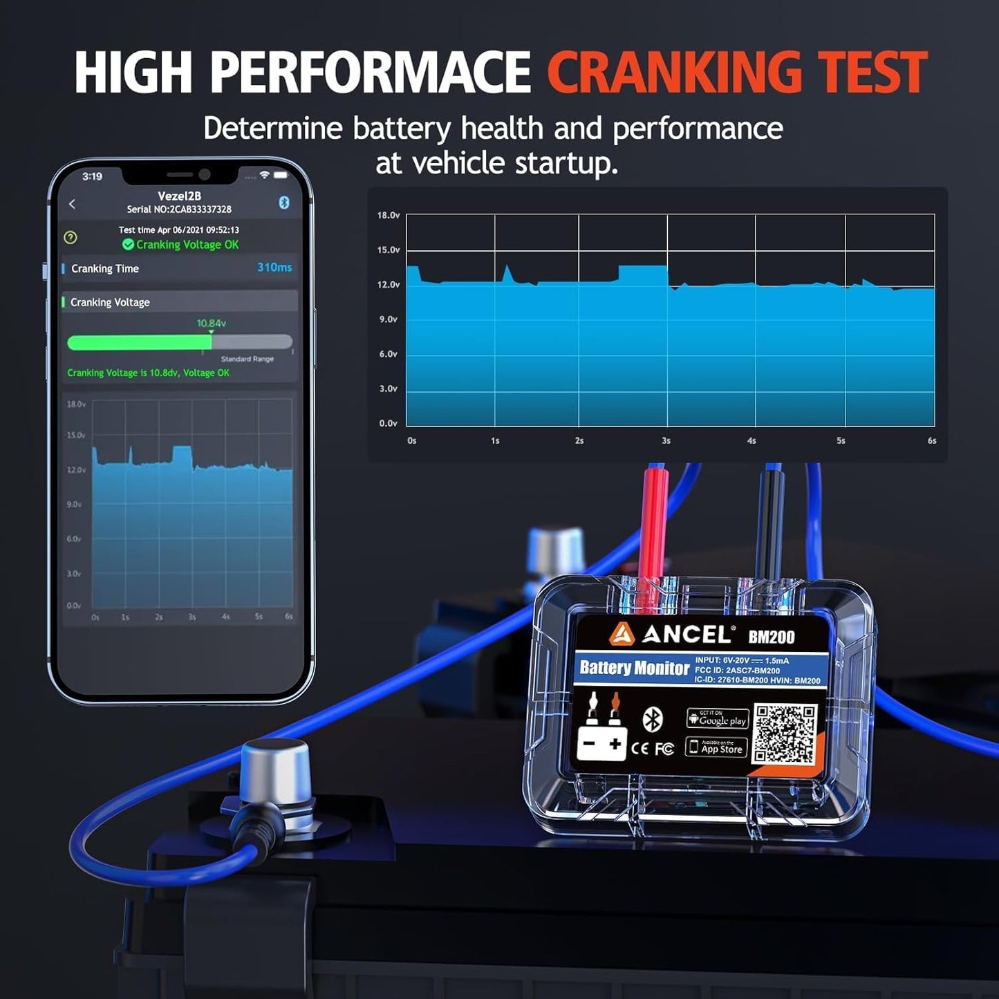 ANCEL BM200 Blue-US Battery Monitor 12V Automotive Bluetooth Auto Battery Load Tester with Cranking Charging Test Alarm Record Voltage History Voltmeter for Car (Blue Version)