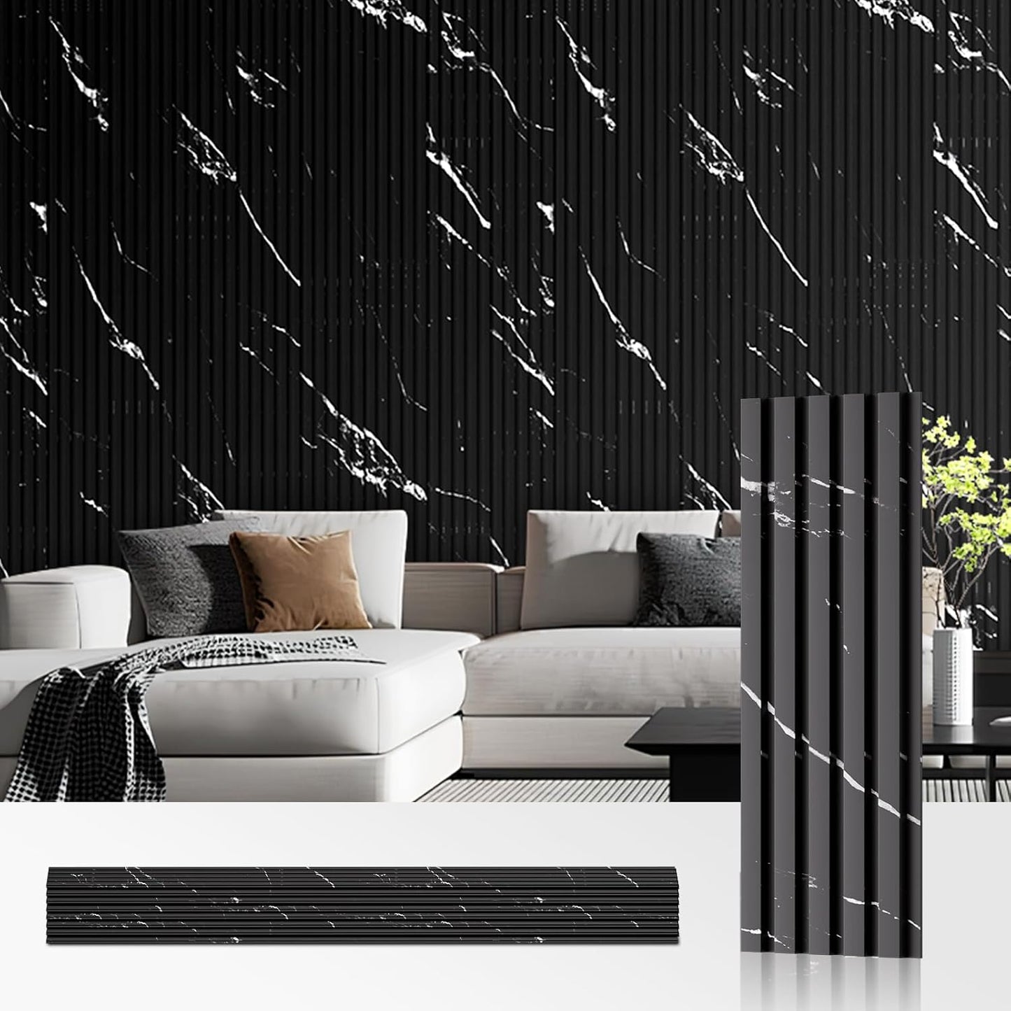 OUZUGIE WPC Acoustic Slat Wall Paneling, 8-Pack 96 x 6 Inches 3D Wall Panels for Interior Wall Decor,Living Room,TV Background,Study Room,Office Spaces,Bedroom,Low Grille (Black Marble-1)