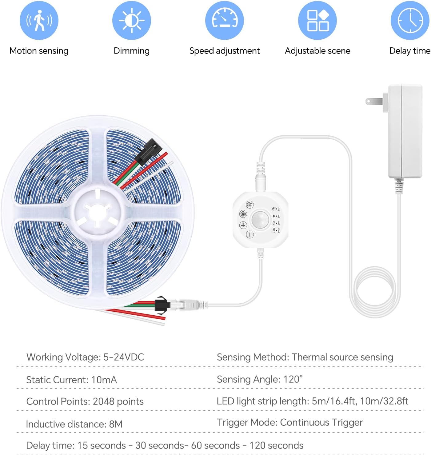 32.8Ft Motion Sensor Running Water Flowing LED Strip Light Kit,6500K White LED Strip Light Cut&Dimmable, 24VMotion Activated Flexible Horse Race Tape Light for Room Stair Corridor