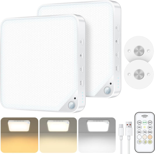 Rechargeable 6W Motion Sensor Ceiling Light Indoor, Wireless Magnetic Stick on Closet Light, Remote Control for Color & Brightness, Battery Operated Light for Shower, Bathroom, Pantry, Hallway, 2-Pack