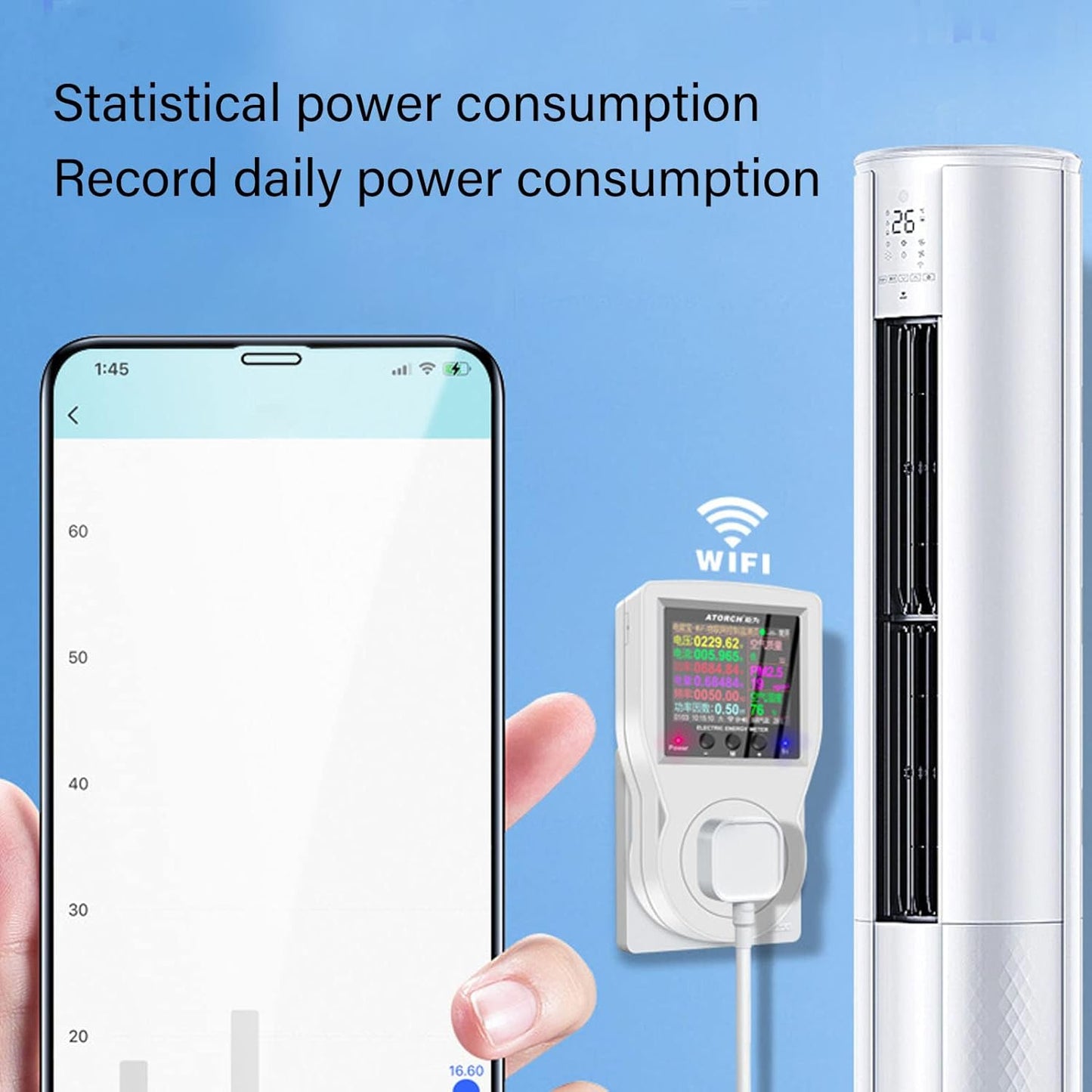 WiFi Smart Plug with Energy Monitoring Electricity Usage Monitor with LCD Display Smart Metering Socket for Home Appliances AC85‑265V US Plug 16A Maximum Current 3680W