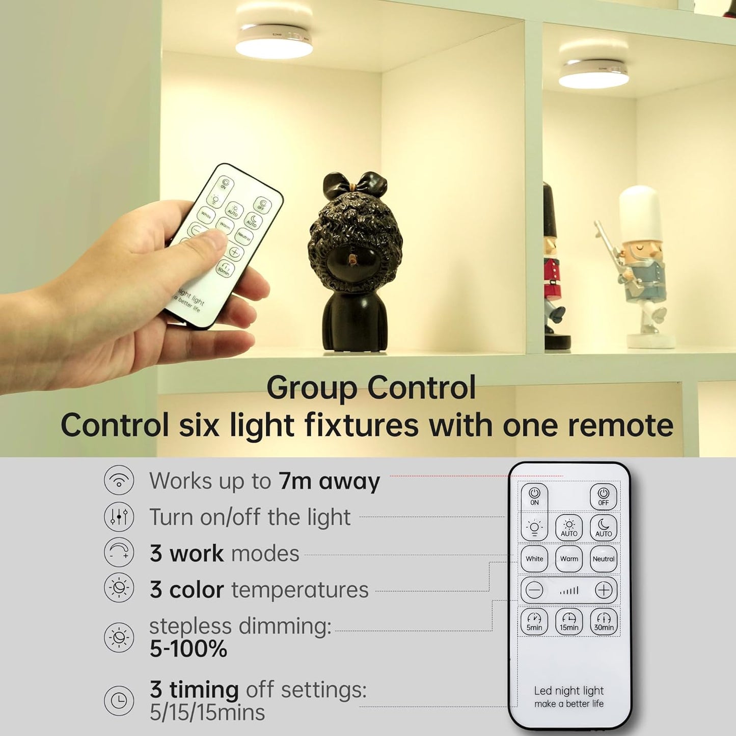 Homelist Motion Sensor Lights Indoor with Remote Control, 6 Pack Closet Night Lights Battery Operated Stick on Under Cabinet Lighting, 3 Color Temps Rechargeable Puck Lights for Kitchen Stair Hallway