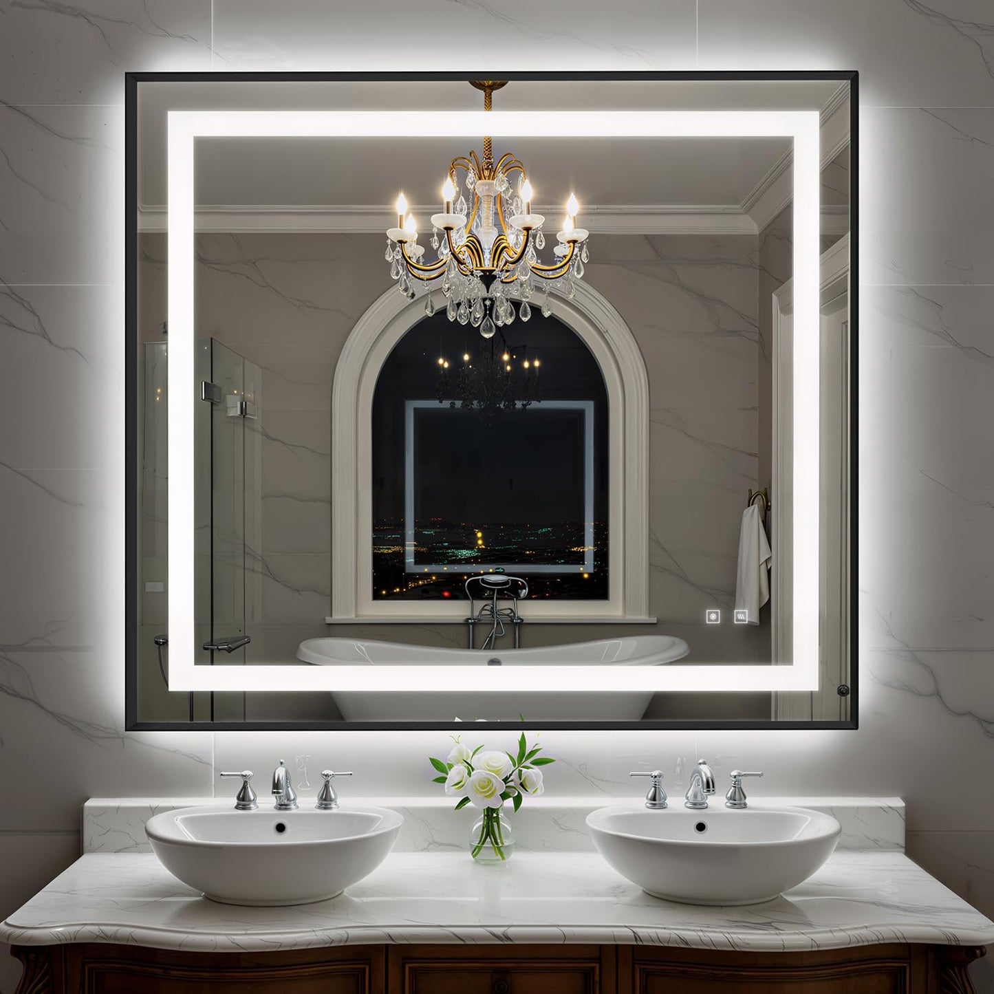 40X36 Inch LED Bathroom Mirror with Lights, Black Frame Frontlit+ Backlit Bathroom Vanity Mirror for Wall, Ultra-Clear Tempered Glass, Shatter-Proof, Anti-Fog and Memory Function, ETL Listed