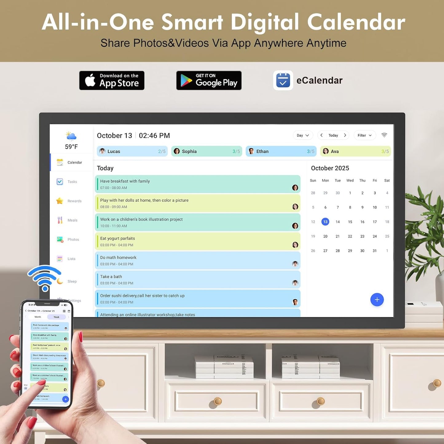 24" Smart Digital Calendar Chore-for-Family-Schedules - Wall Mounted Interactive Electronic Calendar Touchscreen Display for Bussiness To do List, Auto-Sync Google iCloud Outlook, Gift for Parents