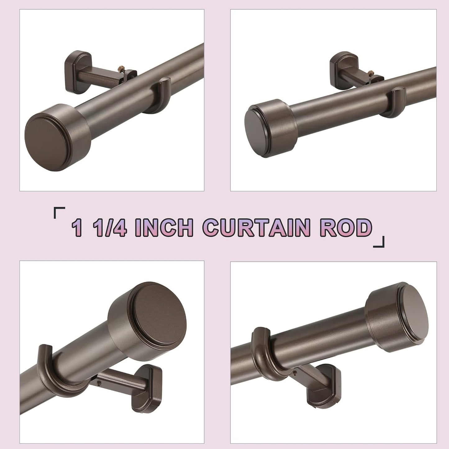 Heavy Duty Curtain Rods,1 1/4" Large Diameter Premium Nonadjustable Curtain Rod,144in/12ft Custom Window Treatment Rods with Durable Aluminum Brackets and End Caps,Dark Bronze Finish