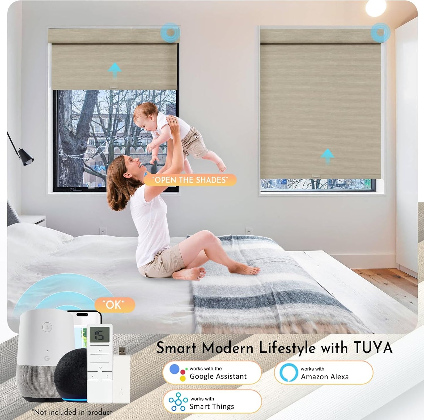 Persilux Smart Motorized Blinds with Remote, No Drill Automatic Roller Shades for Indoor Windows, Blackout Linen Fabric, Electric Blinds for Windows, Weave Straw C162BO-4, Custom Size