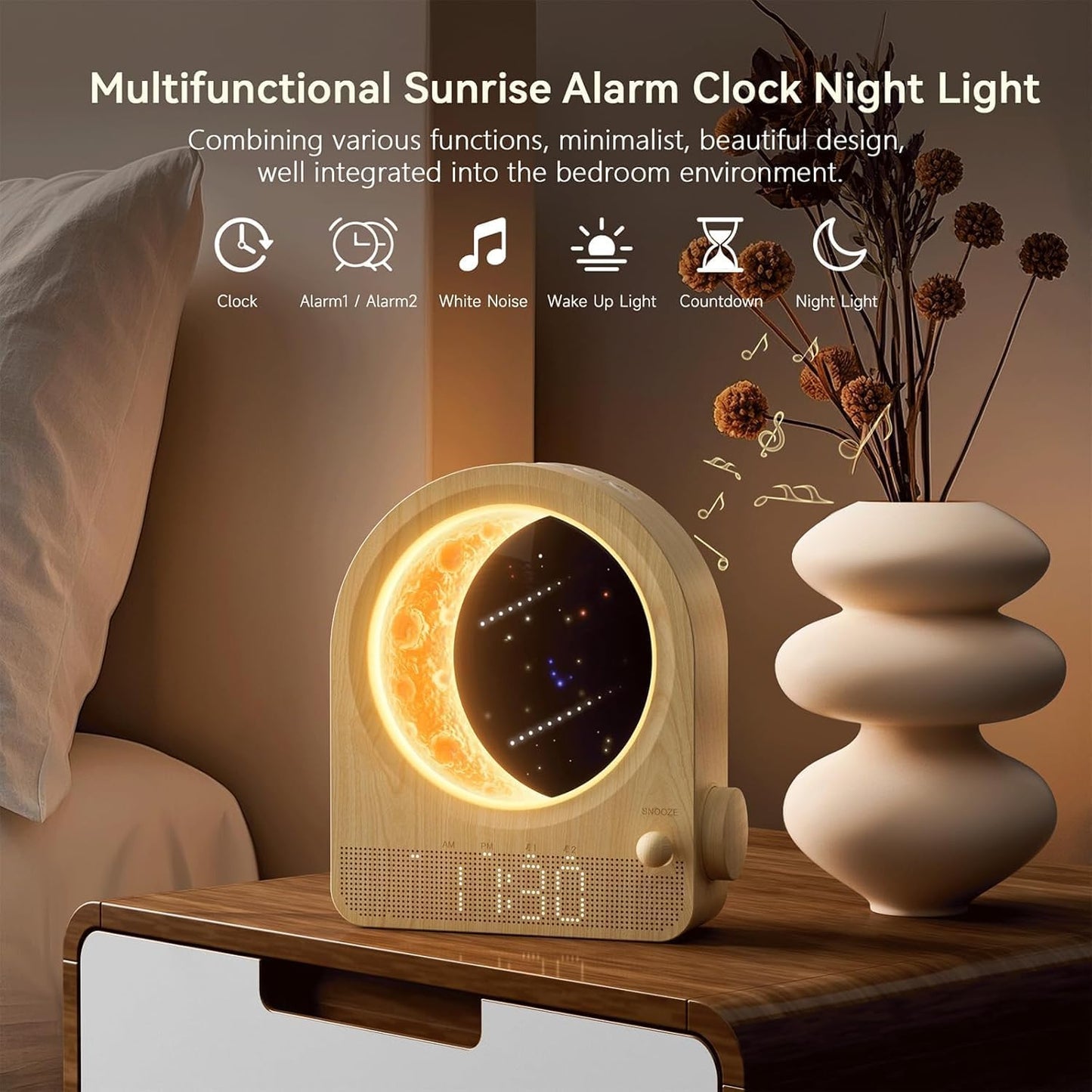 Sunrise Alarm Clocks for Bedrooms, Stepless Dimmable Moon Lamp Dual Alarm Clock Wake Up Light with 12Levels Volume for Heavy Sleepers, 10 Natural Sounds with Timer, Gifts for Women