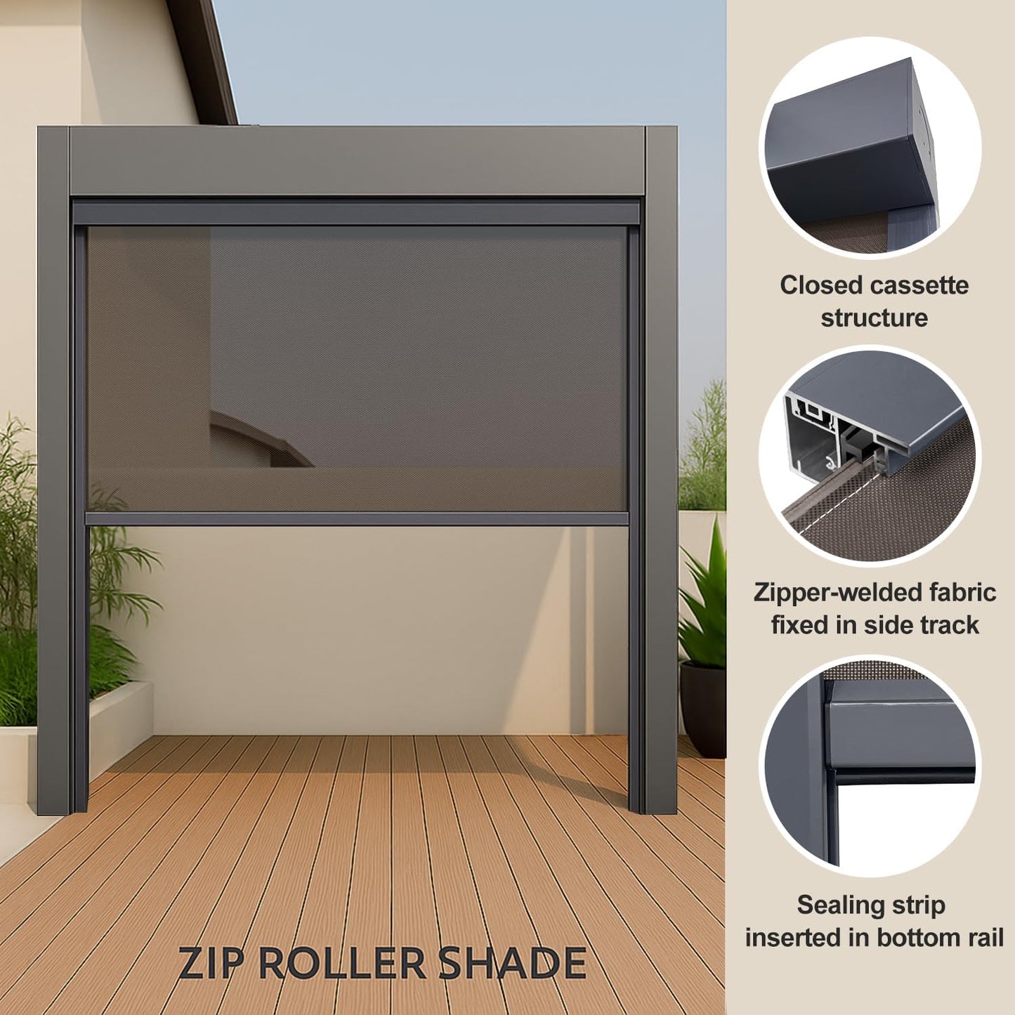 ZSHINE Hard-Wired Outdoor Snow Blocking Weatherproof Motorized Patio Roller Shades Remote Control for Porch Balcony Customized Size (30% Openness Coffee)