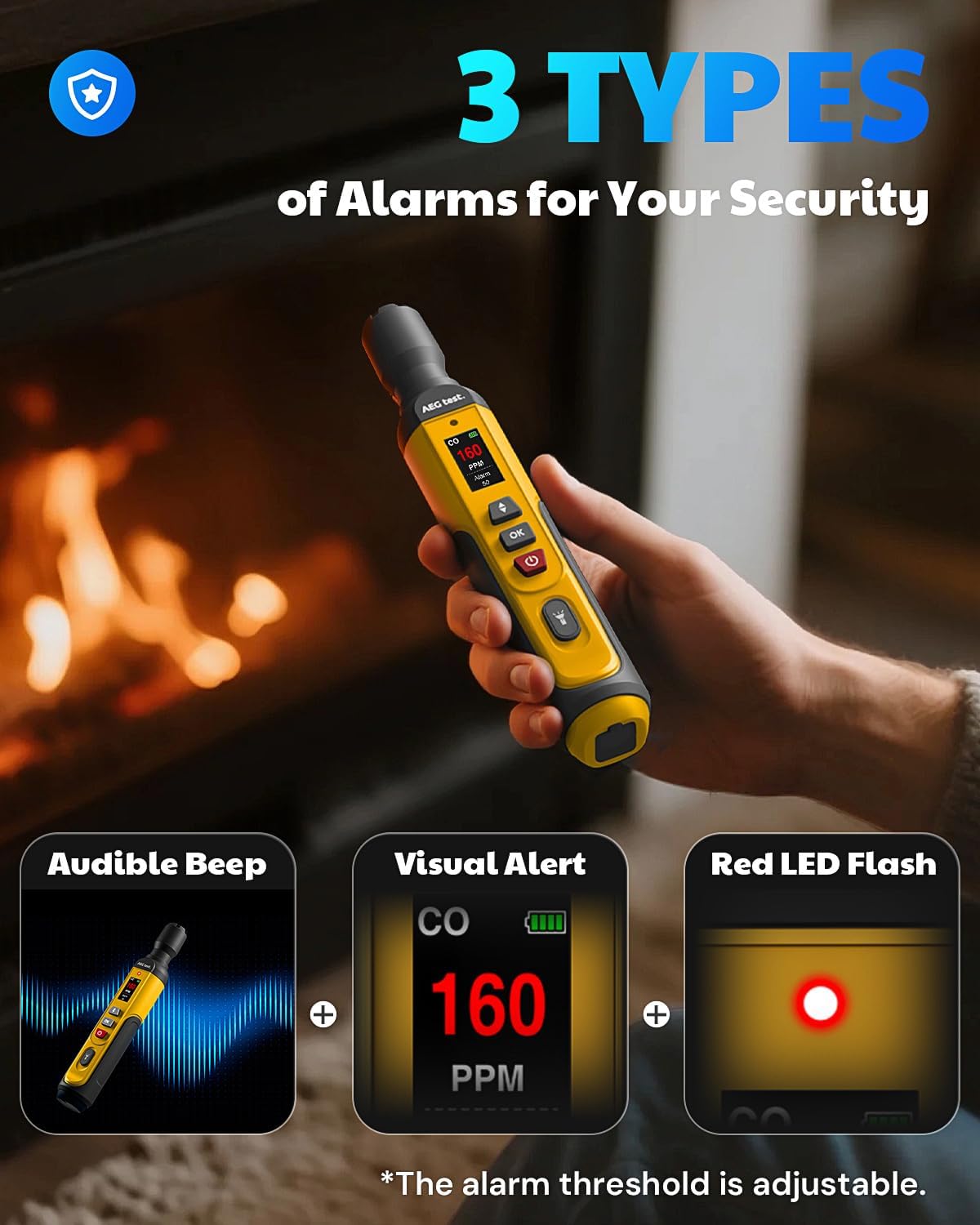 AGT-2459 Portable Carbon Monoxide Detector – Rechargeable, 0~1000PPM CO Detection with Visual & Audible Alarms, TFT Color Display for Home, Travel, Industrial, and Mobile Use – Yellow