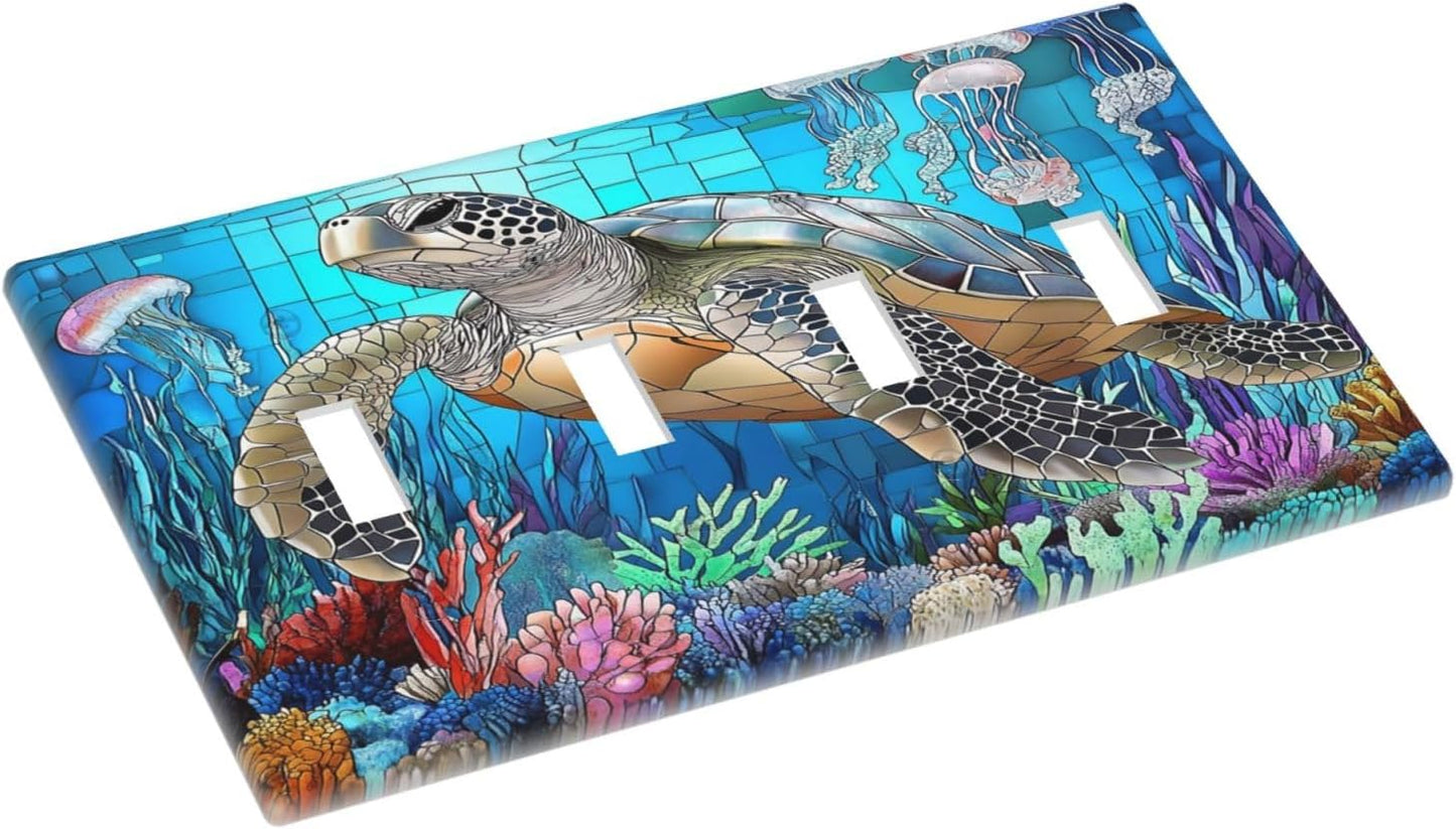 Light Switch Covers Nautical Sea Turtle Coral Jellyfish Quad Toggle Electrical Faceplate 4 Gang Wall Plate Decorative Switch Plates For Kids Room Nursery Decor