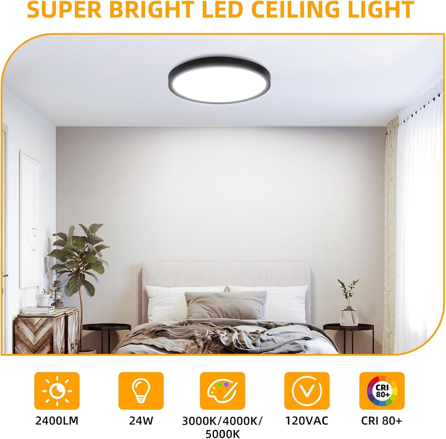 Hlite 4pack 12 inch Flush Mount LED Ceiling Light Fixture,24W 2400LM Super Slim Light Fixtures Ceiling Mount 3000K/4000K/5000K 3CCT Selectable,Light Fixtures for Kitchen,Bedroom (Black)