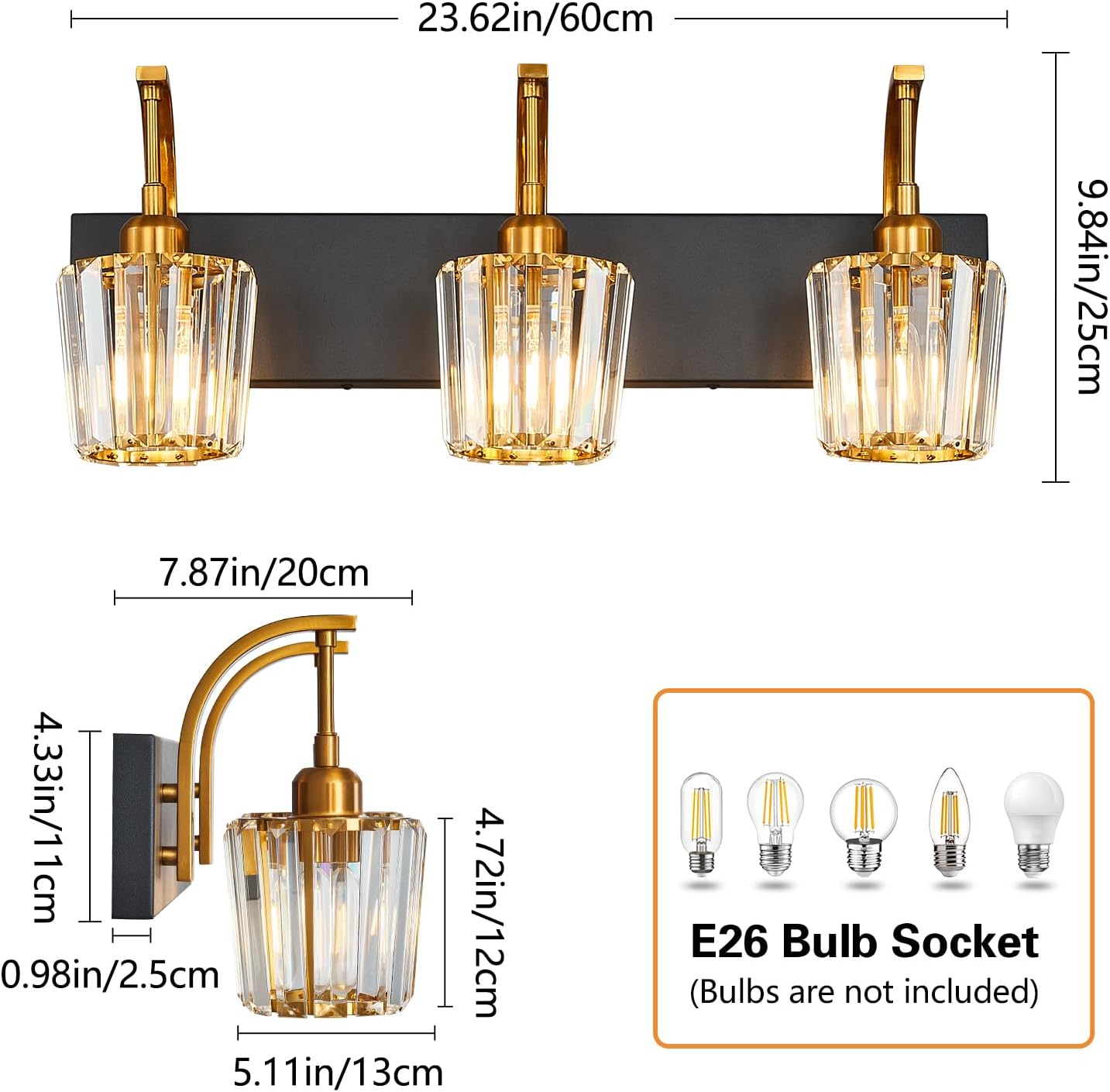 Modern Bathroom Vanity Light, 3-Light Black Gold Wall Sconce with Crystal Accents, Over Mirror Bathroom Lighting Fixture, 23.62" Long Dimmable Vanity Lamp for Makeup, Easy Installation