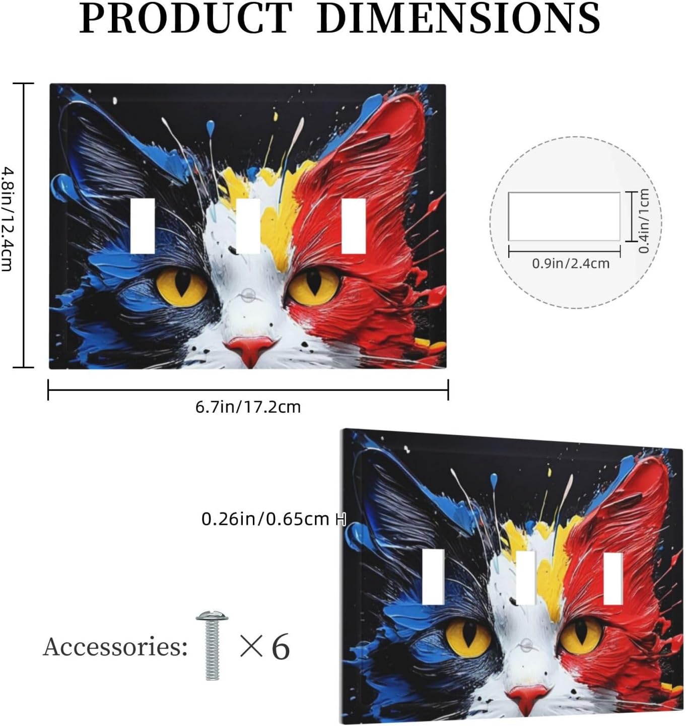 Decorative Light Switch Cover Plate Colorful Doodle Cute Funny Black Red White Cat 3 Gang Wall Plate Oversized Triple Toggle Switch Cover Plate Jumbo Faceplate