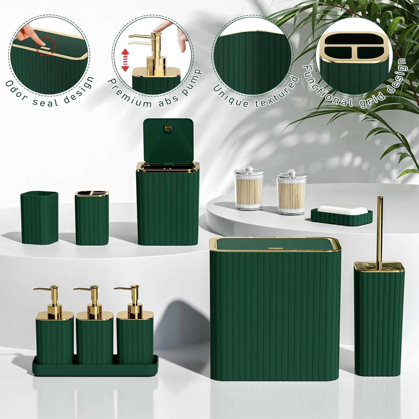 Bathroom Accessory Set - Bathroom Set, 12PC Bathroom Accessories Set, Dark Green Bathroom Accessories Set, Mini Trash Can, Toilet Brush, Trash Can & Soap Dispenser