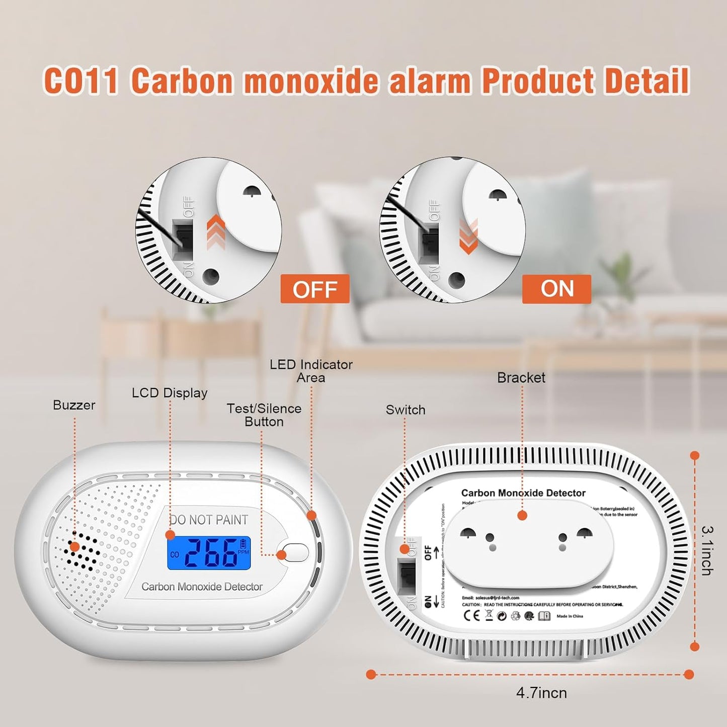 Carbon Monoxide Detectors with 10-Year Battery, Digital LCD Display, LED Flashing Signal Lights Portable CO Monitor Alarm for Travel, RV, Home, and Depot (1 Pack)