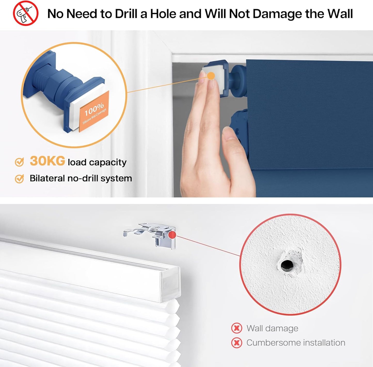 LazBlinds No Drill Blinds for Indoor Windows, Blackout Roller Shades, Cordless Window Blackout Blinds, Thermal Insulated Fabric UV Protection for Home and Office, 27" W x 72" H, Navy Blue