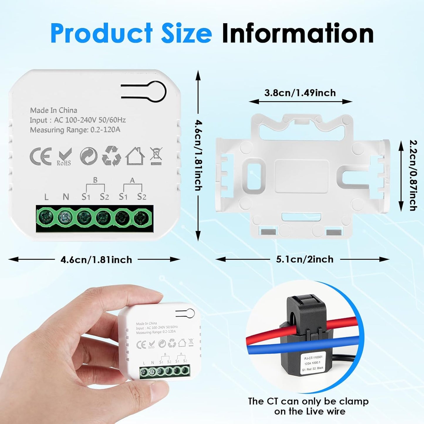 Smart Home Energy Monitor, with 2 x 120A CTs, Bi-Directional Power Tracking, Real-Time Electricity Usage Monitor, 2.4GHz Wi-Fi, Compatible with Tuya/Smart Life Apps