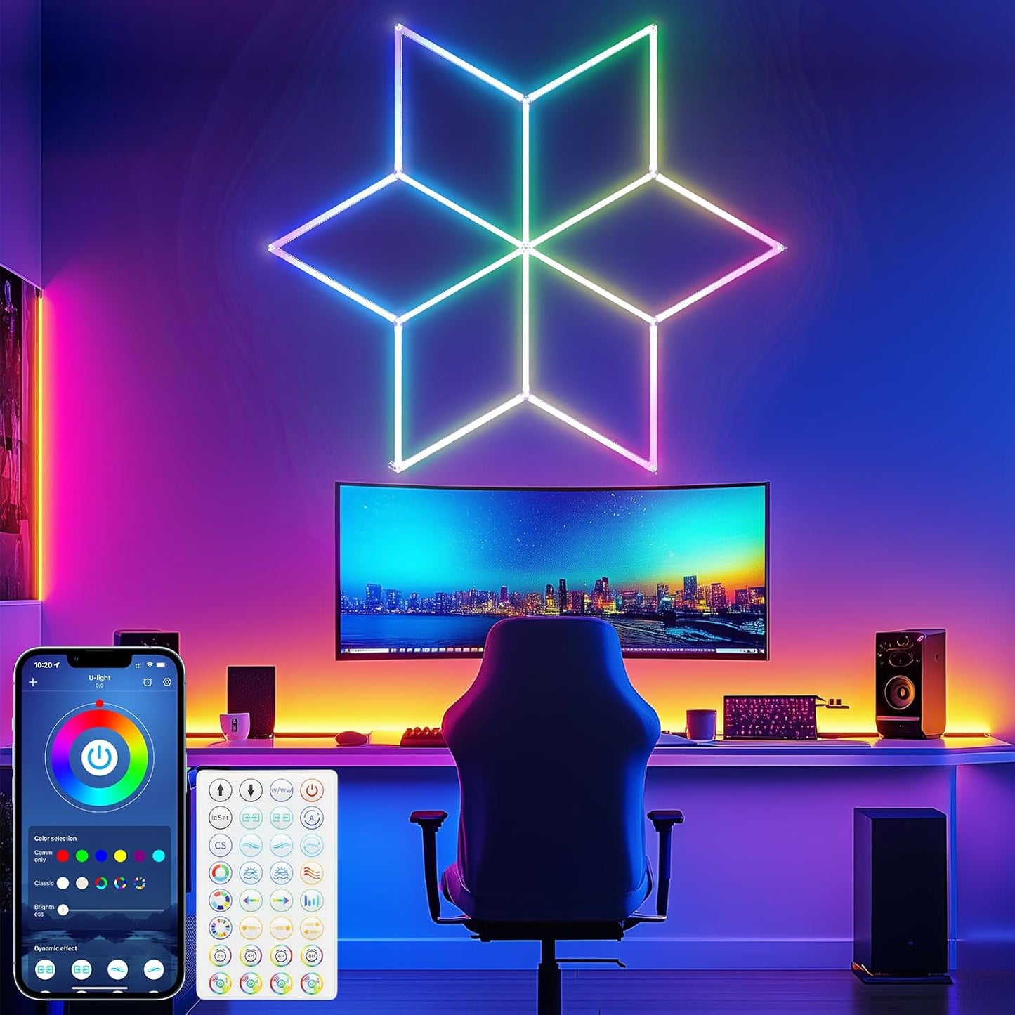 RGB Hexagon Garage Lights - 356 Colors Mode with Music Sync, 18-Piece LED Honeycomb Light Set for Garages, Workshops, Man Caves, Bedroom, Bars