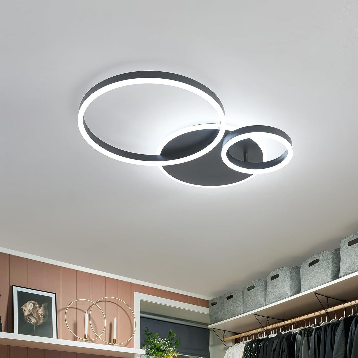 O'NEELDY Modern Dimmable LED Flush Mount Ceiling Light Remote Control Acrylic Ring Chandelier, 48W 3000K-6000K Adjustable, Black Fixture for Bedroom, Living Room, Dining Room, Kitchen and Hallway