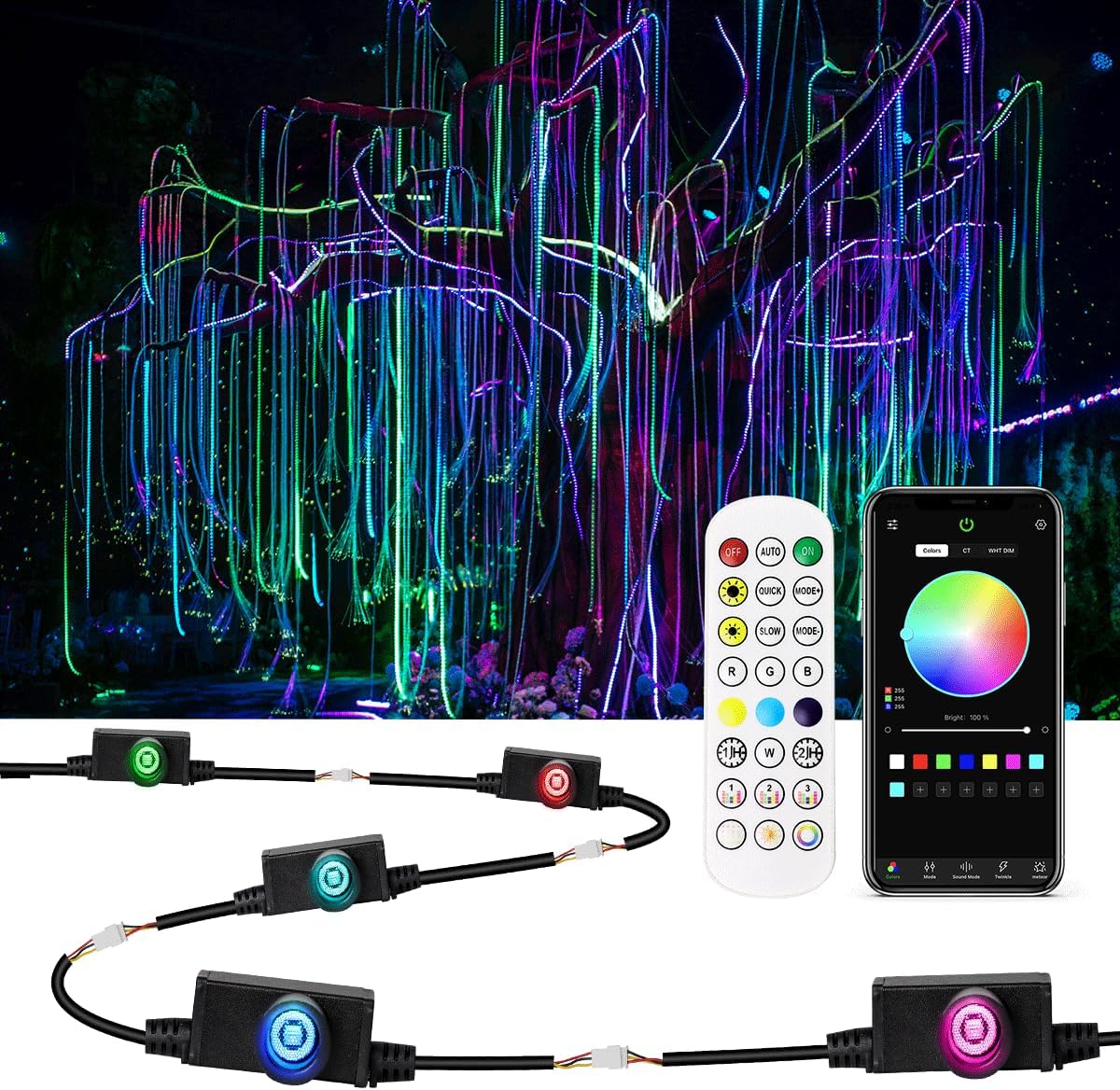 AZIMOM 1520pcs Fiber Optic Hanging Light for Garden Tree Decor Exhibition Indoor Shop Bar Ceiling, 0.03in 8.2ft Flash Point Side Glow Fiber Cable 8Pack Light Source Remote App Control Color Change