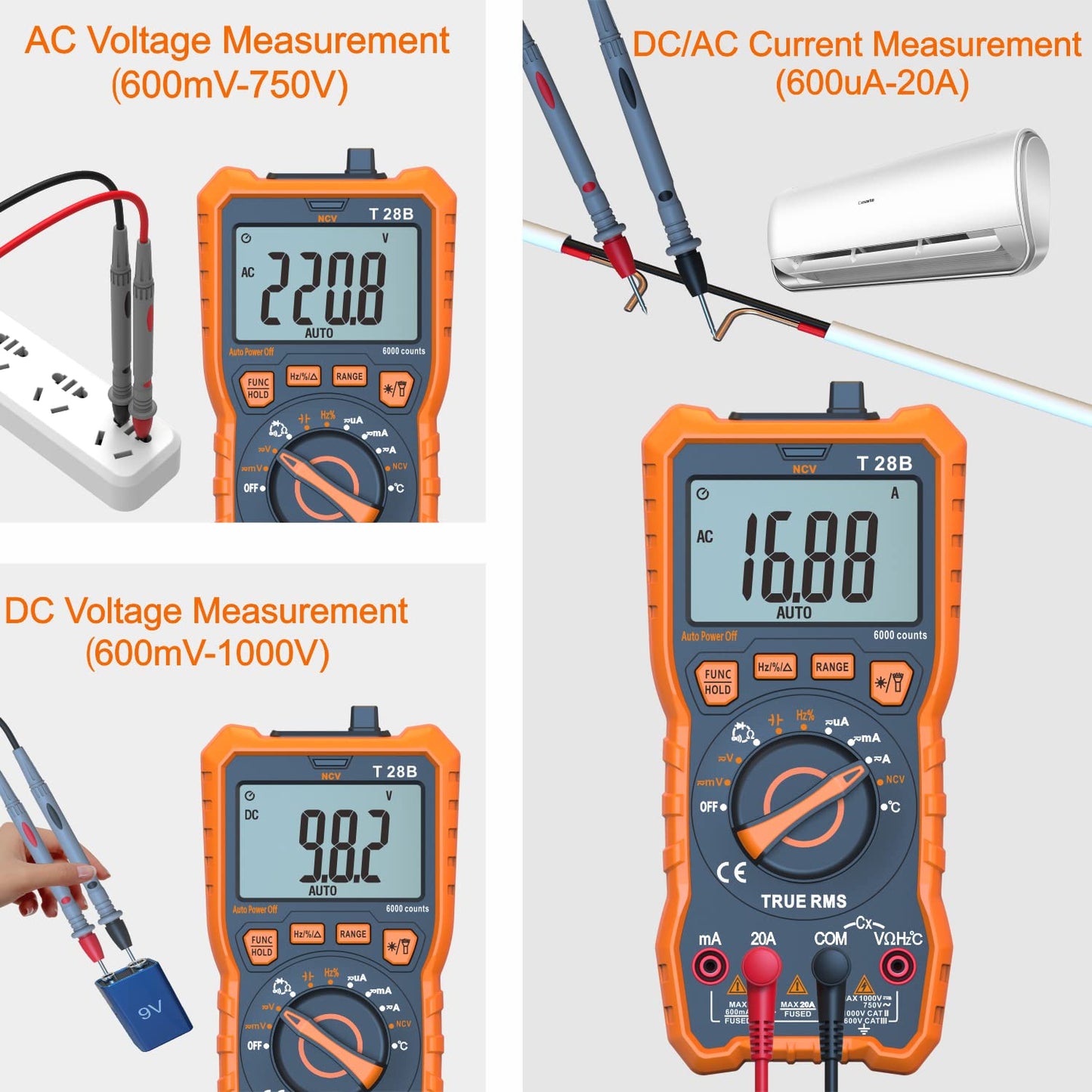 True RMS Digital Multimeter Tester, Auto-Ranging AC DC 20A Ohmmeter 1000V Voltmeter with NCV, Measure Voltage Current Amp Resistance Diode Continuity Duty-Cycle Capacitance Temperature, for Home Auto
