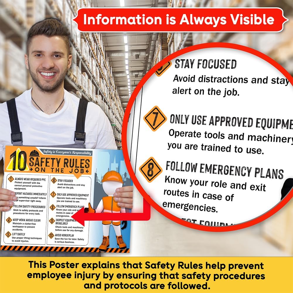 10 Safety Rules on the Job Poster 2026 Version – 18x24 Durable Laminated Safety Sign, Tear-Resistant, Waterproof Workplace Safety Poster for Industrial and Construction Settings (Pack of 10)