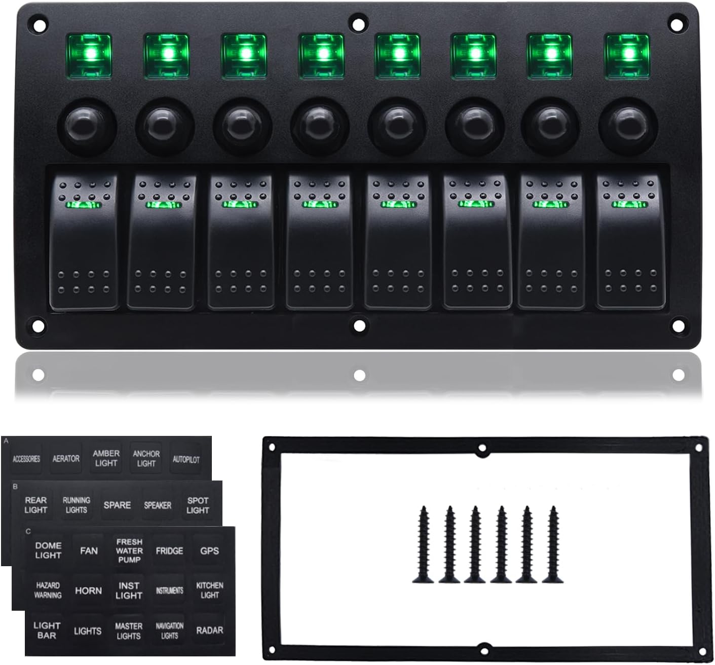 Geloo 8 Gang Marine Rocker Switch Panel, Boat Switch Panel Waterproof, Marine Switches Panel, 12V Aluminum Switch Panel for Car RV Truck Green LED Toggle Switches with Circuit Breaker (Green)