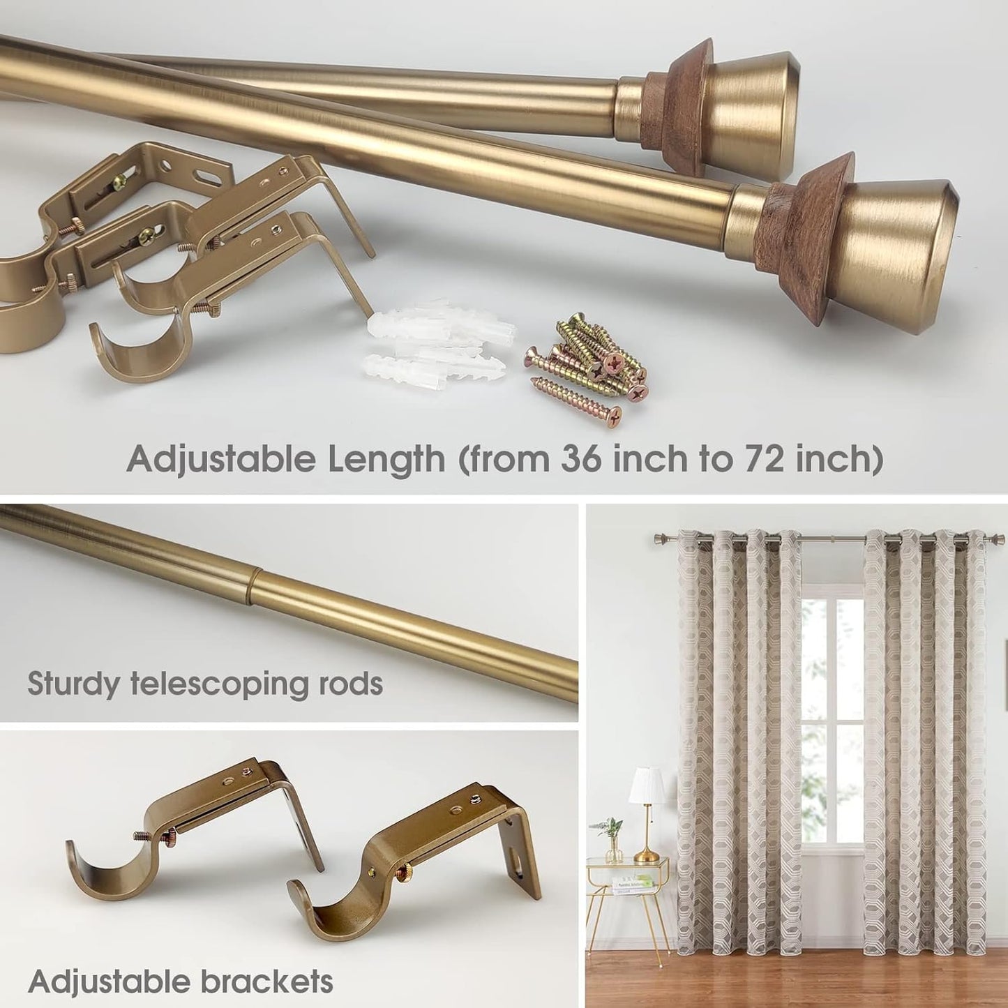 Modern Style Single Curtain Rod Set with Antique Brass Round Wood Look Finial, 36-72 in, Standard Single Whtie Drapery Rod for 1 Pack, 1 in diameter, Adjustable Length