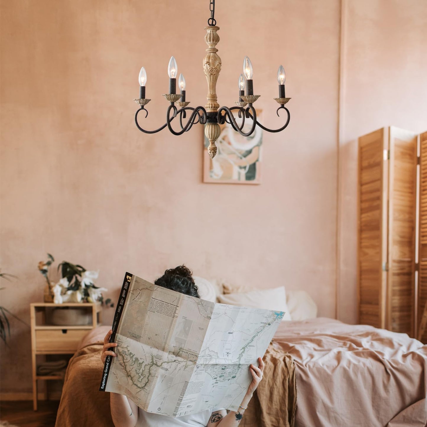 French Country Chandelier-Farmhouse Chandeliers for Dining Room 6 Lights Fixture Rust Imitation Wood Finish for Living Room, Bedroom, Kitchen, Stairway, Bathroom (Dia 23.3”)