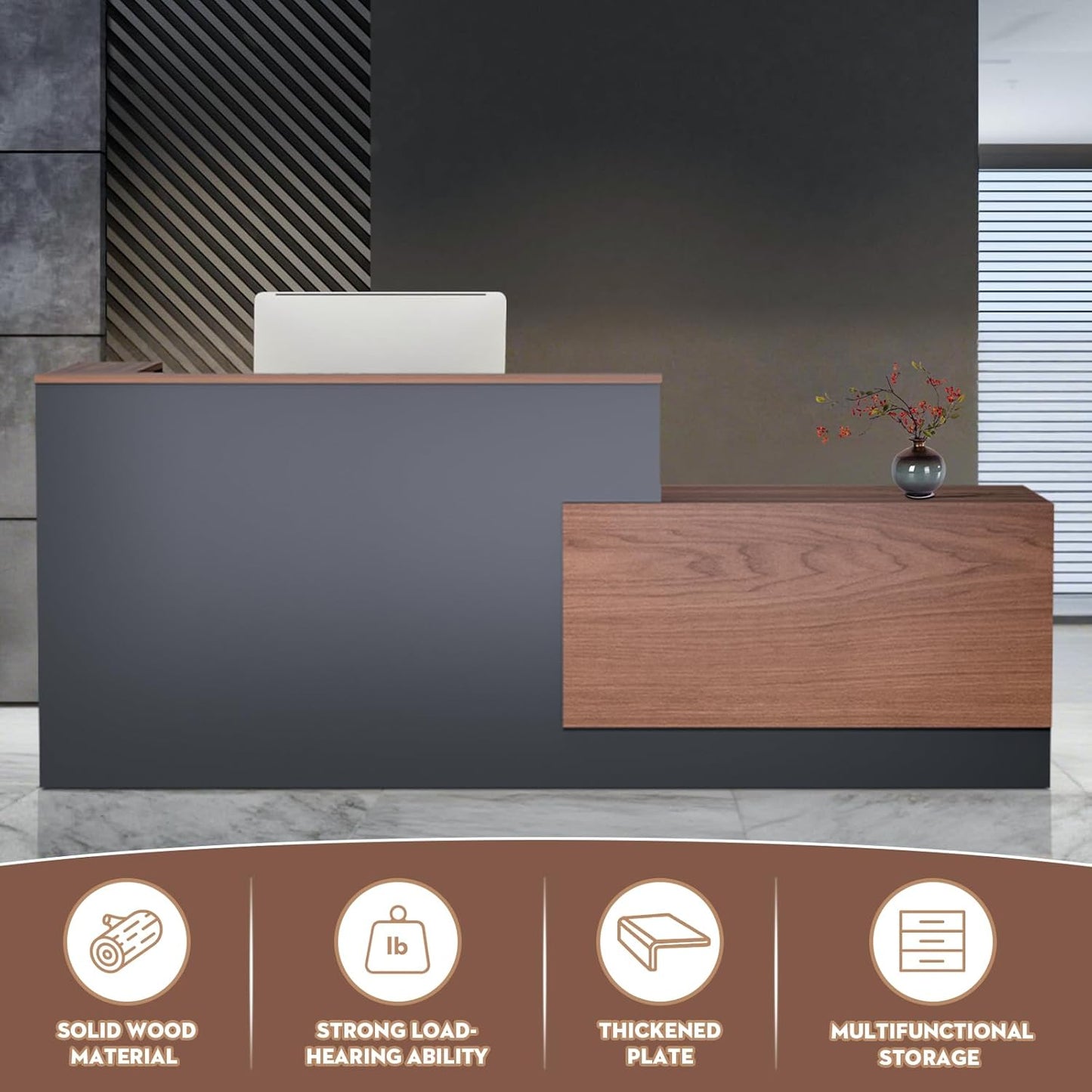 L-Shaped Modern Reception Desk with Counter & Storage - 84" Large Office Front Desk, Salon Checkout Counter with Lockable Cabinets, Shelves (Brown & Black, Left - 84''L x 34''W x 41''H)