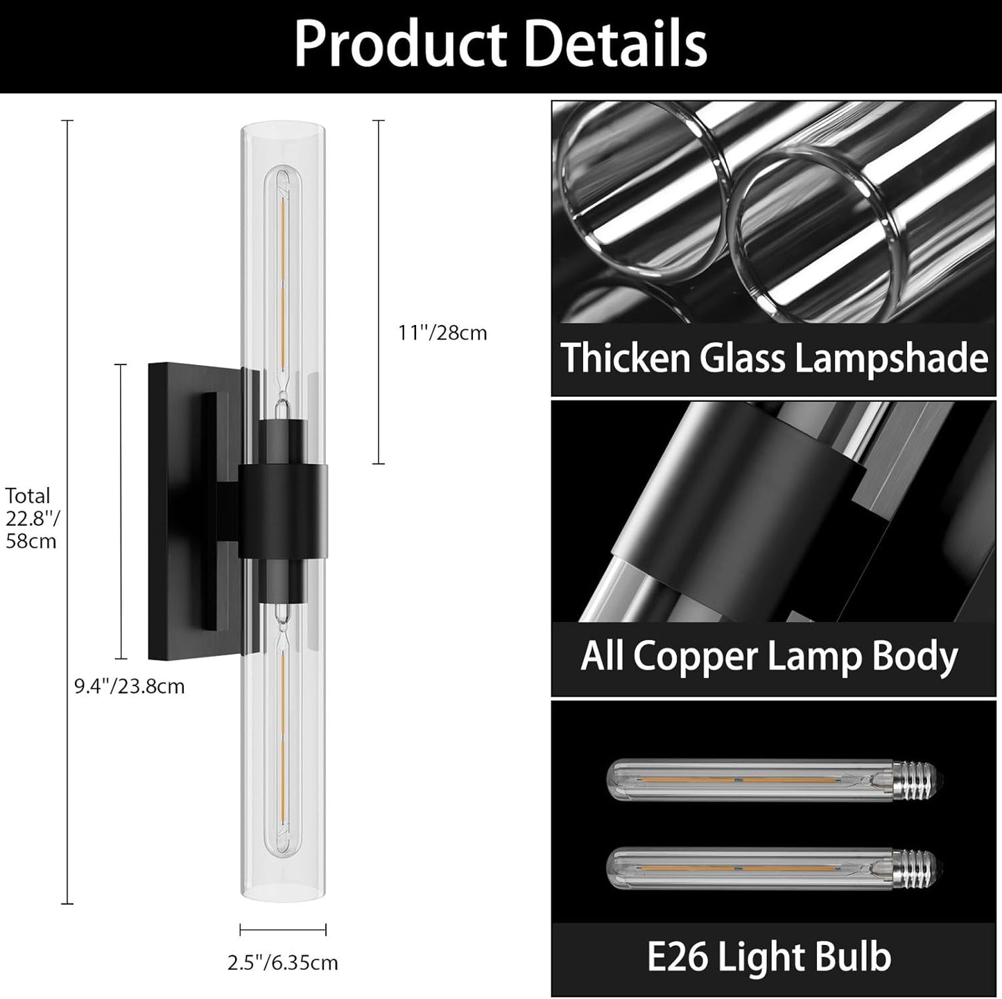 YUYI Black Wall Sconces, 22.8'' Wall Light Set of Two for Bathroom Vanity, Modern Wall Lighting Fixtures with Glass Shade, Indoor Wall Sconces for Bathroom, Bedroom, Living Room, Hallway, Fireplace