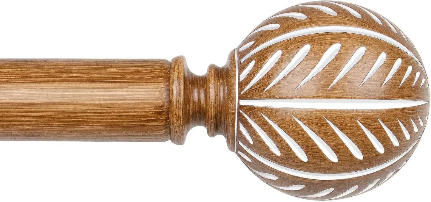 KAMANINA Wood Curtain Rods for Windows 72 to 144 Inch(6-12ft), 1 Inch Adjustable Drapery Rod, Decorative Heavy Duty Curtain Rods with Leaf Pattern Finials, Wood Grain