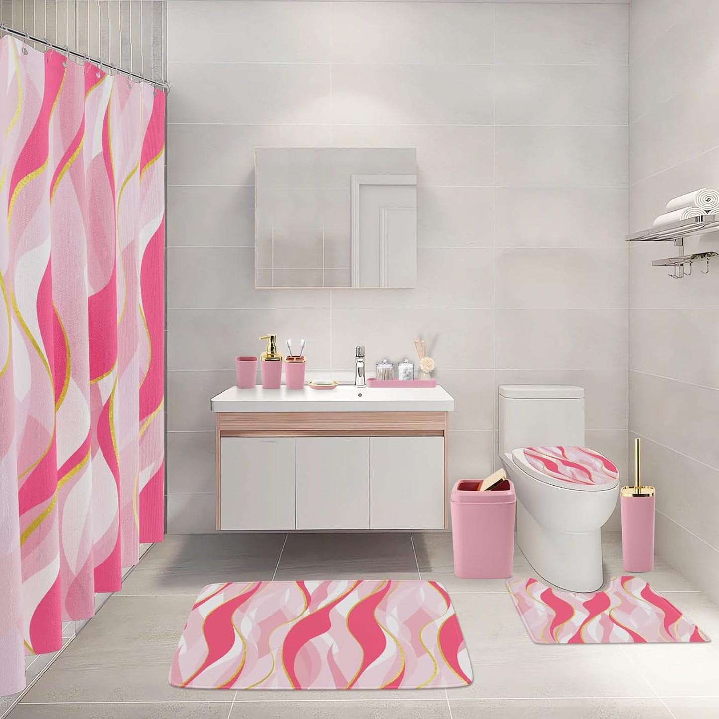 Bathroom Set - Pink and Gold Bathroom Accessories, Bathroom Sets with Shower Curtain and Rugs, Pink Shower Curtain Set with Bathroom Trash Can, Soap Dispenser, Soap Dish for Home Decor