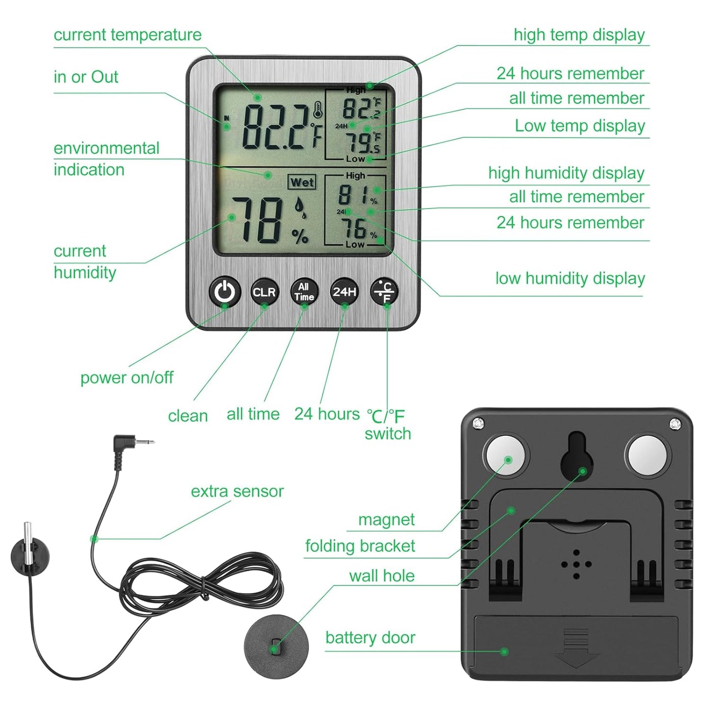 2 Pack zz20 Digital Fridge Thermometer with Extra Sensor, Hygrometer - Max/Min Temp & Humidity, Black