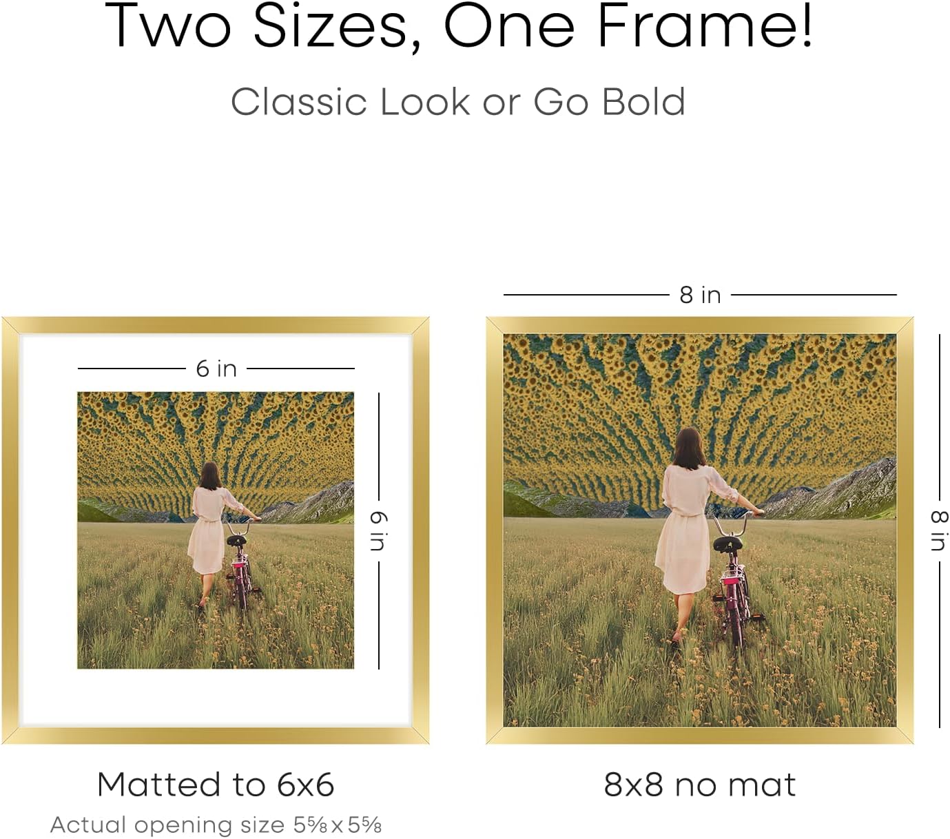 Homeforia 8x8 Picture Frame Gold, High End Metal 8 x 8 Square Photo Frames with Mat 6 by 6, 8x8 Poster Frame Matted to 6x6 inches Print, 8by8 Wall or Tabletop Frame, Tempered Glass, Wall Kit, Set of 2