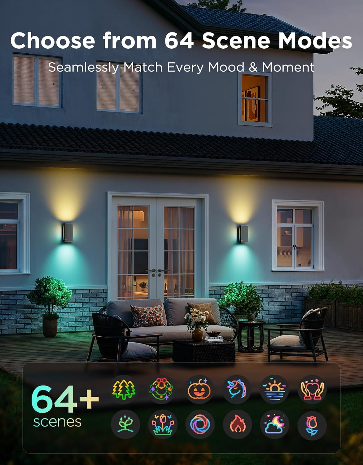 Govee Outdoor UpDown Wall Light, 1 Pack, 1200LM RGBICWW Smart Porch Lights Outdoor with 64 Scene Modes, IP66 Waterproof Wall Sconce for Outdoor Decor, Works with Alexa, Google Assistant and Matter
