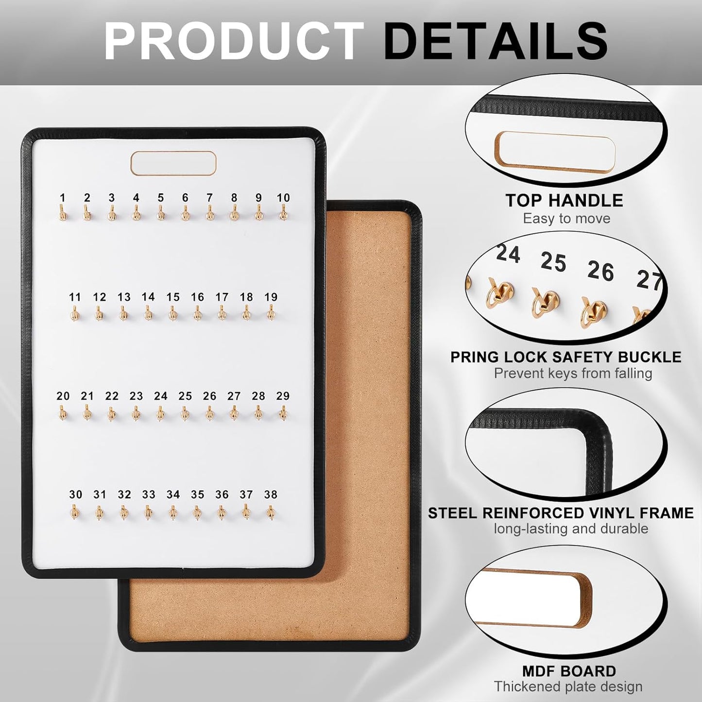 Key Hook Board Rack with 40 Pcs Plastic Tags Set 23.4 x 15.5 Inch Key Holder Wall Mount with 38 Hooks Self Closing Tabs Colored Labels for Car Hotels Office House Storage Organization