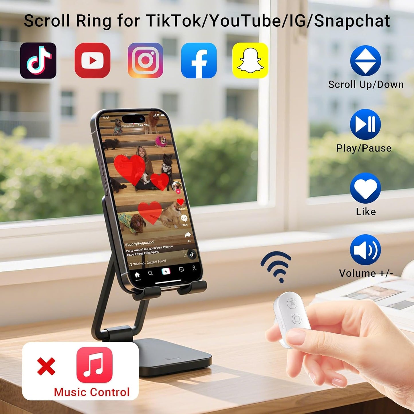 Scrolling Ring Remote for TikTok YouTube IG Shorts Video Landscape Portrait, Fingertip Wireless Scroller Page Turner Clicker for Kindle APP Compatible with iPhone iPad Android Phone Tablet (White)
