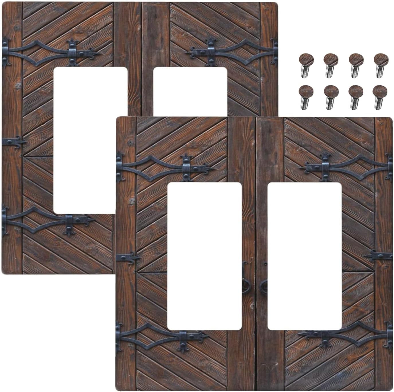 Decorative Outlet Covers Vintage Brown Wood Barn Door 2 Gang Light Switch Cover Plate Double Rocker Wall Plate Switch Plate Covers Faceplate for Farmhouse Home Decor （2 Pack）
