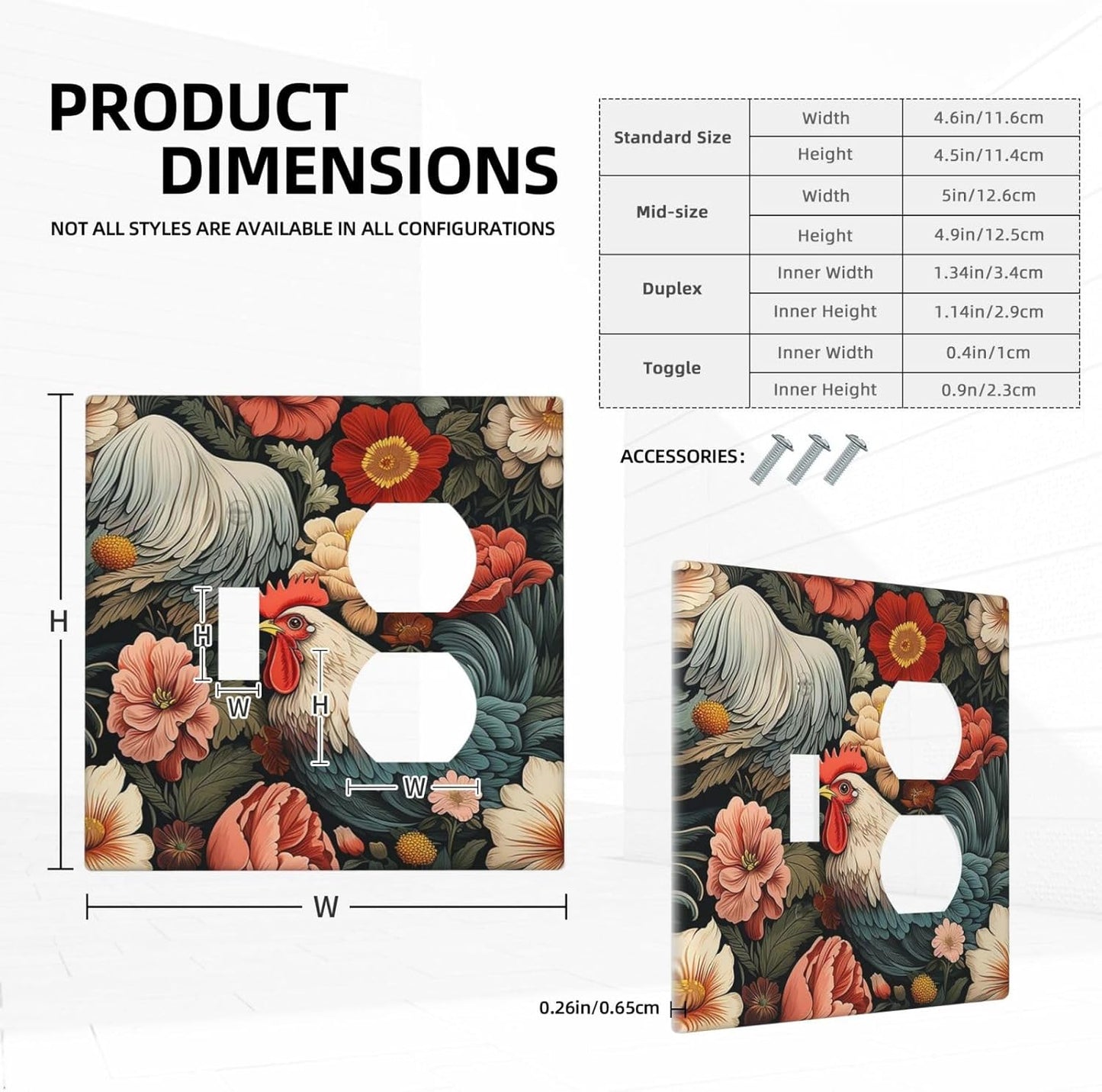 Wallplates Rooster Flowers Red White Chicken Floral 1 Toggle 1 Duplex Switch Plate Electrical GFCI Faceplate Decorative Light Switch Covers for living Room Farmhouse Decor