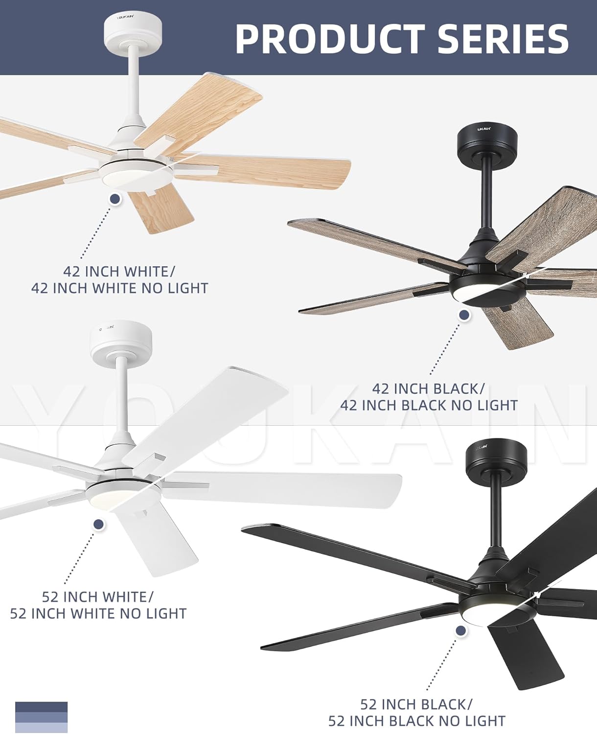 YOUKAIN Ceiling Fans with Lights, 42 Inch Black Ceiling Fans, Smart Ceiling Fan Works with Voice Control & Remote Control, Reversible Blades, Modern Led Ceiling Fan for Bedroom, 42-YJ812-BK