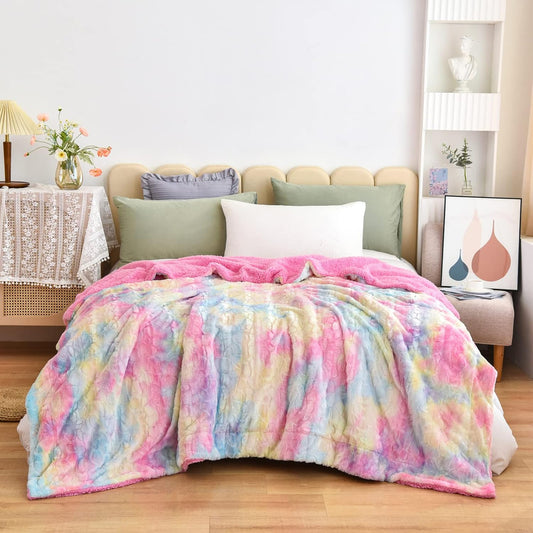 NEWCOSPLAY Super Soft Faux Fur Blanket Queen Size Light Rainbow Sherpa Fuzzy Plush Warm Blanket for Sofa Bed (Light Rainbow, Queen(90"x90"))